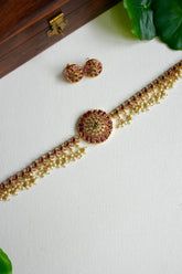Premium Kemp Stone Pearl Drop Choker Necklace Set - AN16