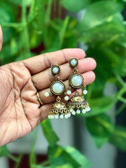 Stone Jhumka Earrings with Pearl Drops - OE002