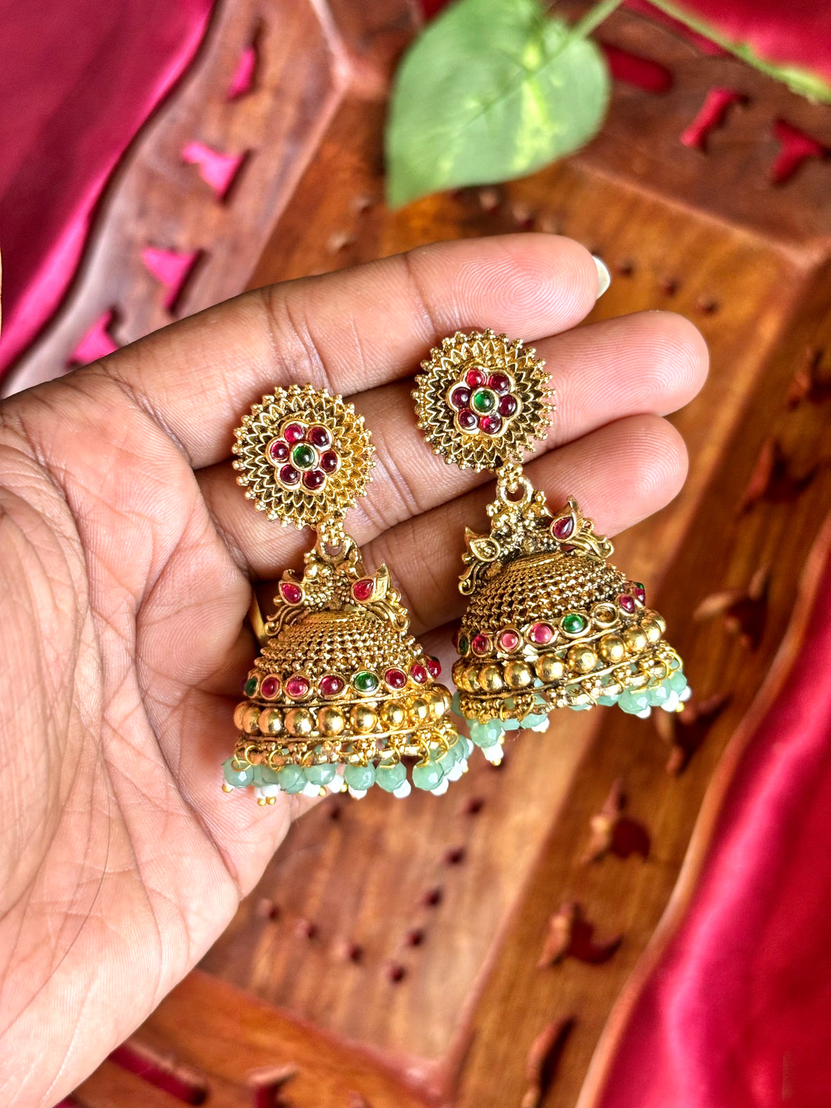 Antique Floral Kemp Stone Temple Jhumka Earrings - TJ04