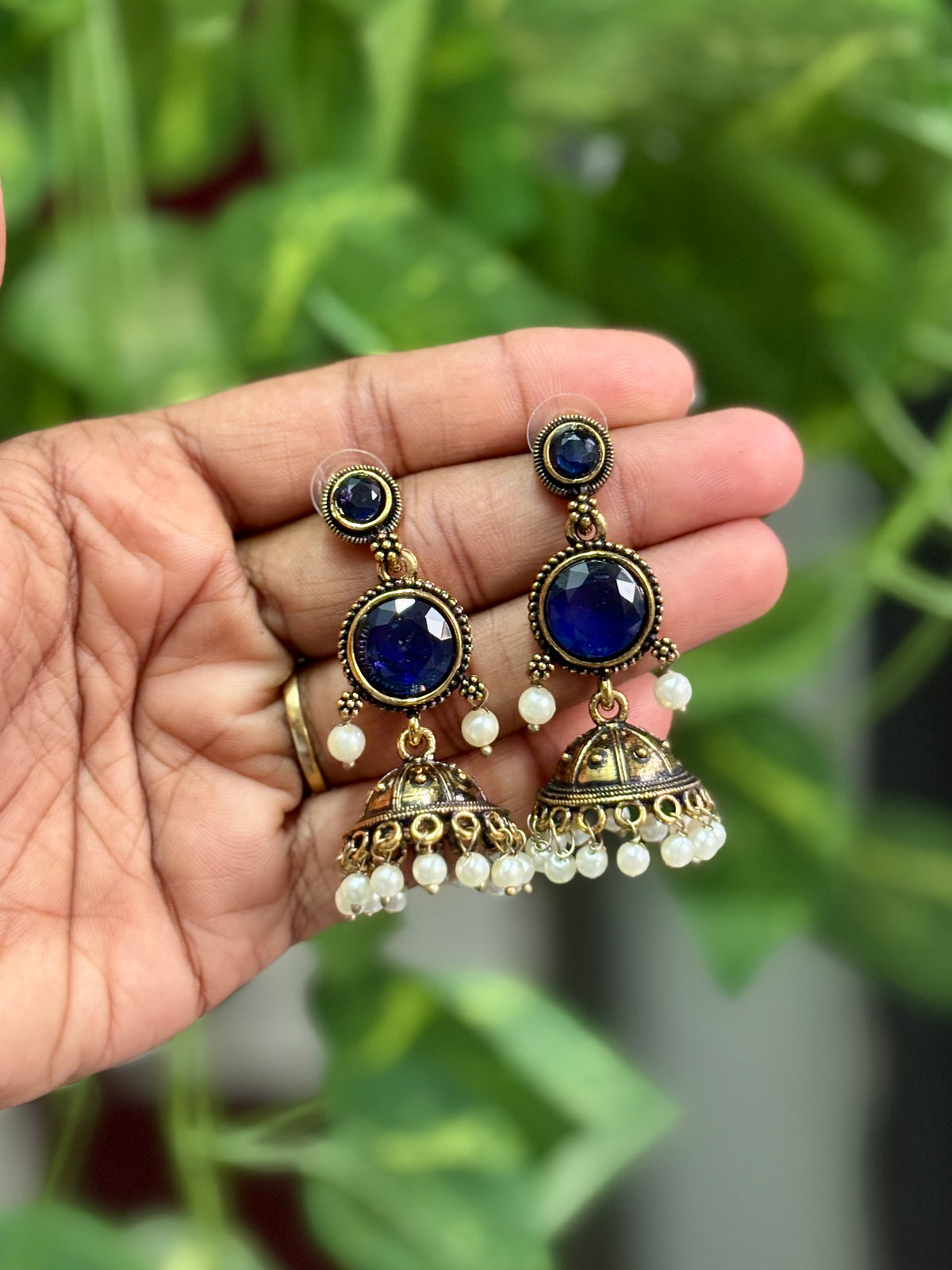 Stone Jhumka Earrings with Pearl Drops - OE003