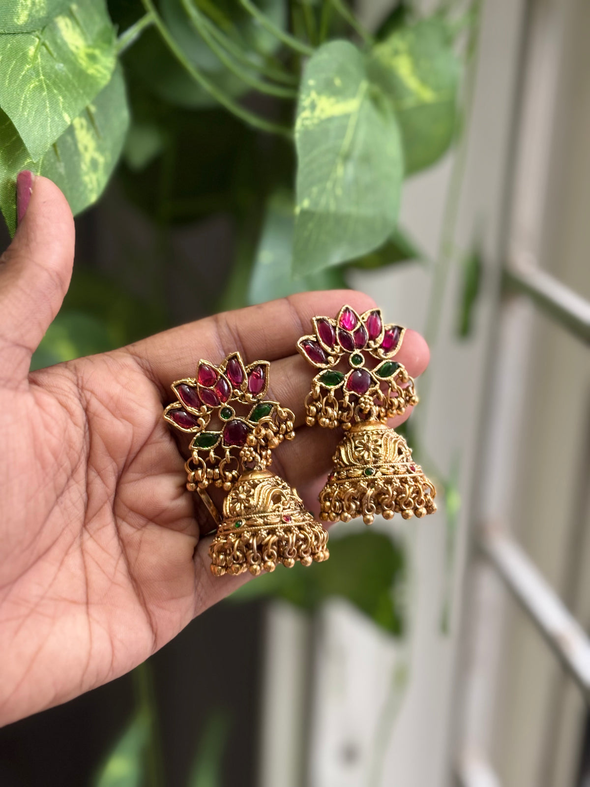 Traditional Lotus Ruby and Green stoned Jhumka - TJ14
