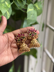Traditional Lotus Ruby and Green stoned Jhumka - TJ14