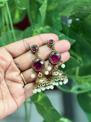Stone Jhumka Earrings with Pearl Drops - OE003