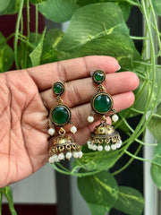 Stone Jhumka Earrings with Pearl Drops - OE002