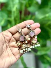 Stone Jhumka Earrings with Pearl Drops - OE001