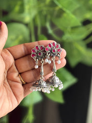 Heavy Foral Jhumka Oxidized Hanging Earrings - 0E07