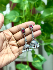 Oxidised Silver Stone Jhumka Earrings with White Beaded Drops - OE005