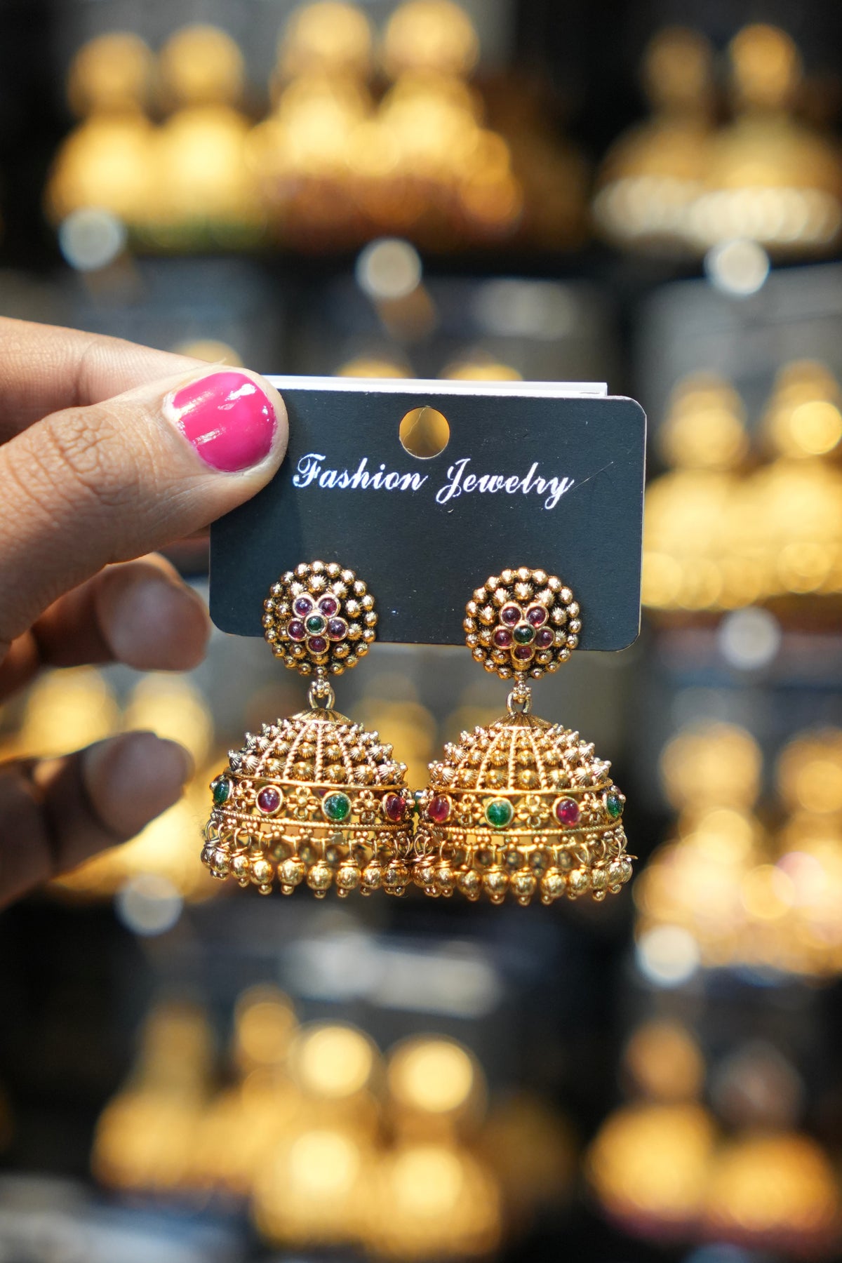 Traditional Round Green stoned Jhumka - TJ15
