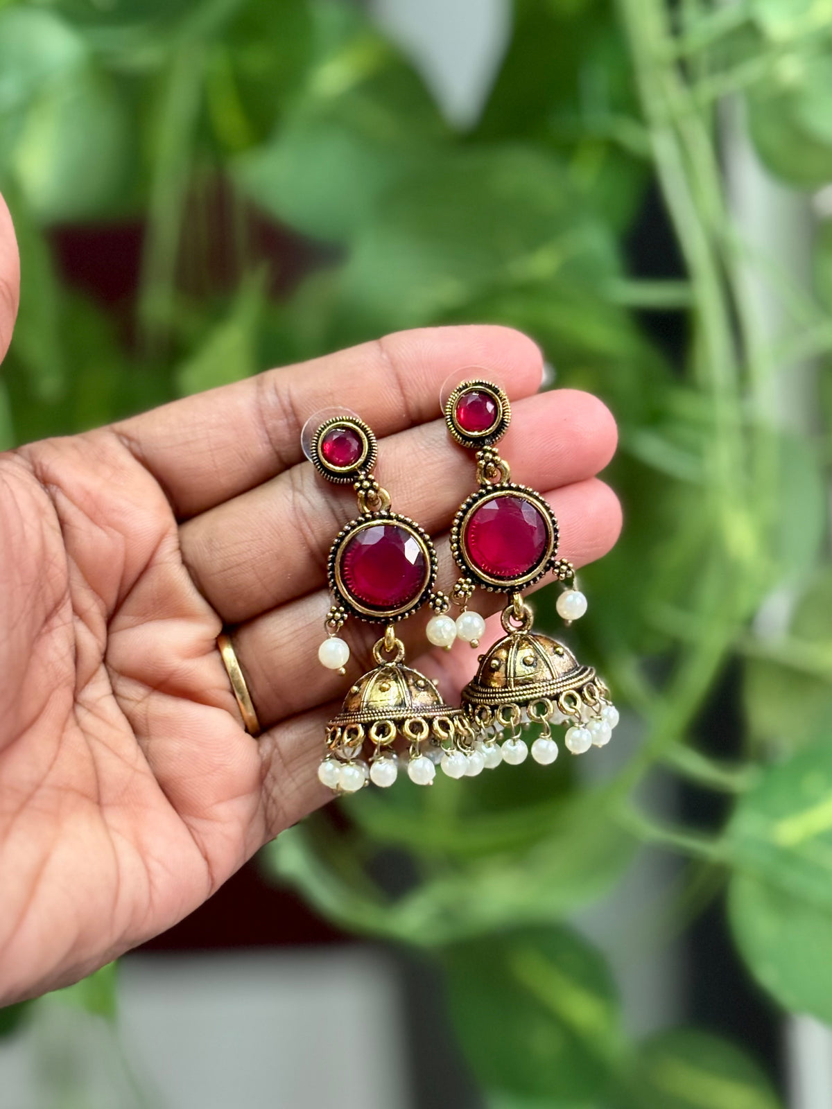 Stone Jhumka Earrings with Pearl Drops - OE001