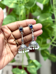 Oxidised Silver Stone Jhumka Earrings with White Beaded Drops - OE004