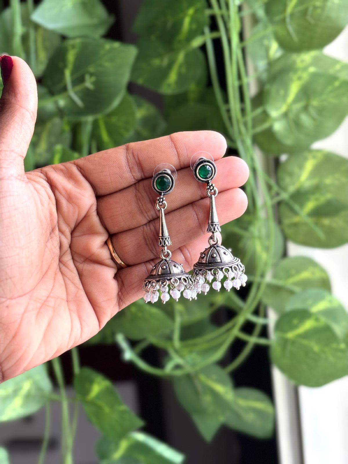 Oxidised Silver Stone Jhumka Earrings with White Beaded Drops - OE004