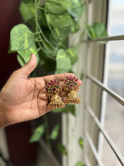 Traditional Lotus Ruby and Green stoned Jhumka - TJ14