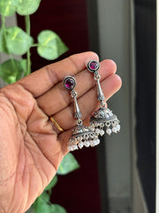 Oxidised Silver Stone Jhumka Earrings with White Beaded Drops - OE005