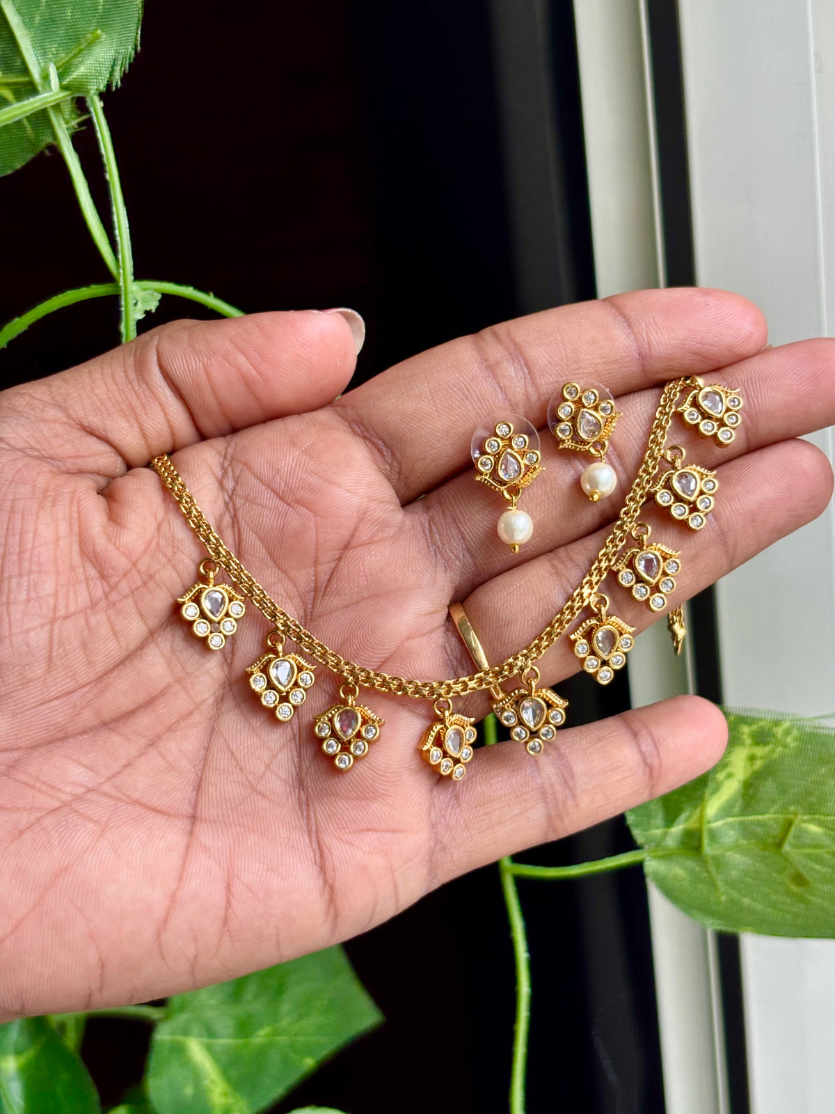 Premium AD Stone Pearl Drop Necklace Set - AN07