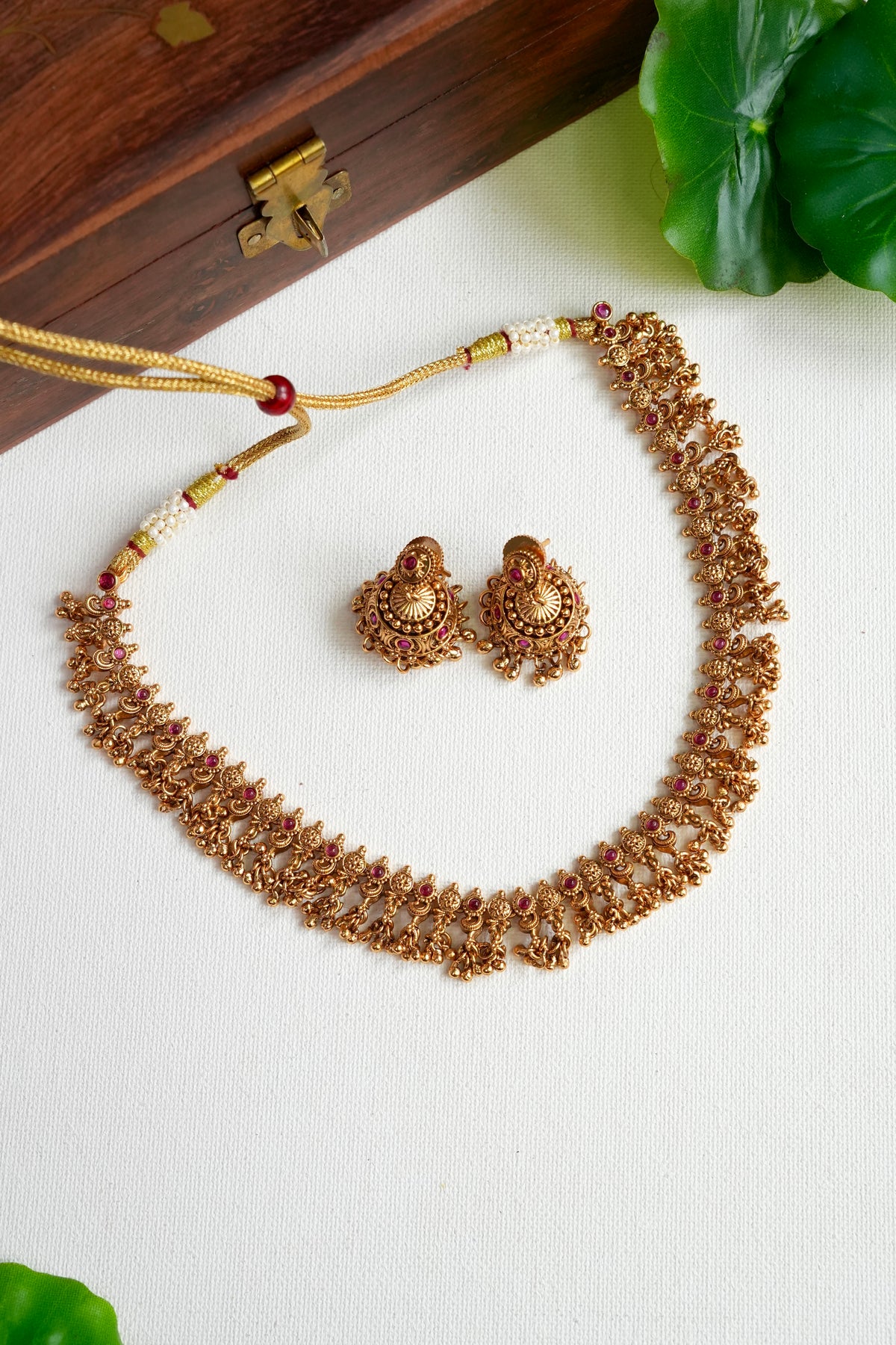 Premium Ruby Stone Peacock Drop Necklace Set with Jhumka Earrings  - AN17