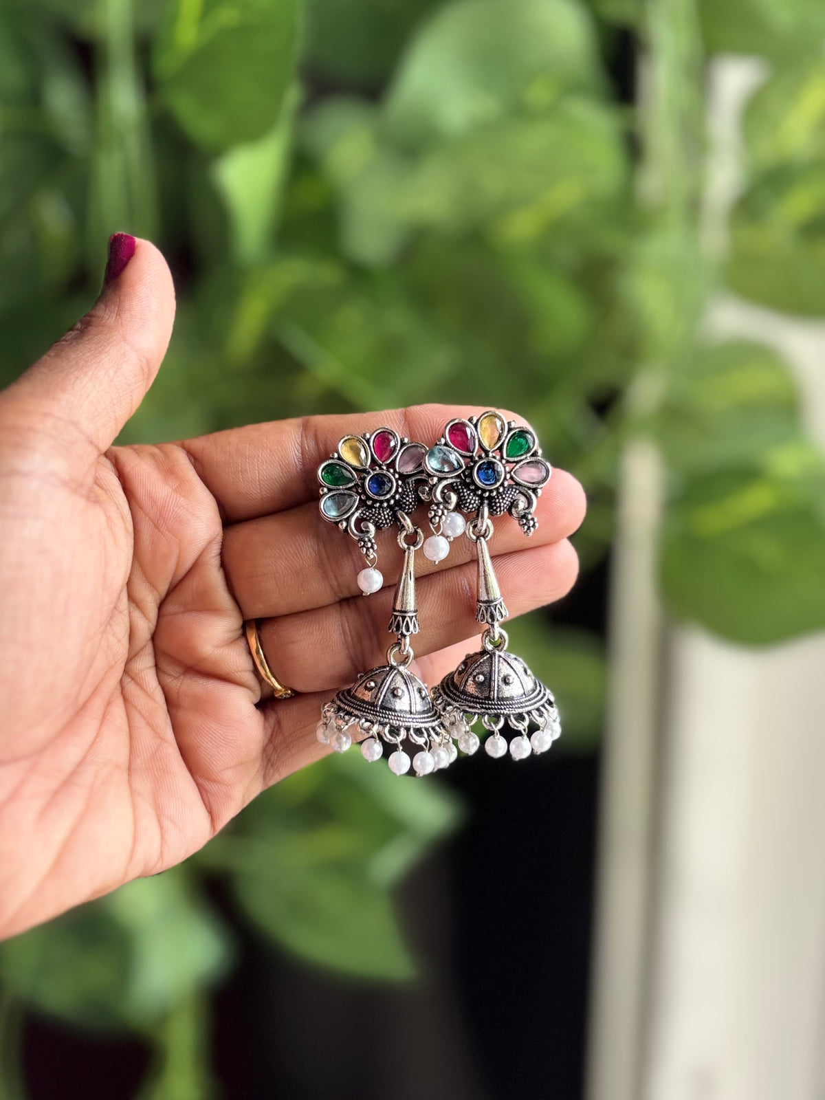 Heavy Foral Jhumka Oxidized Hanging Earrings - 0E07