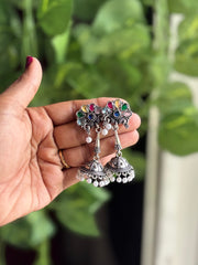 Heavy Foral Jhumka Oxidized Hanging Earrings - 0E07