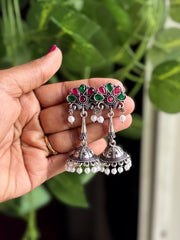 Heavy Foral Jhumka Oxidized Hanging Earrings - 0E07