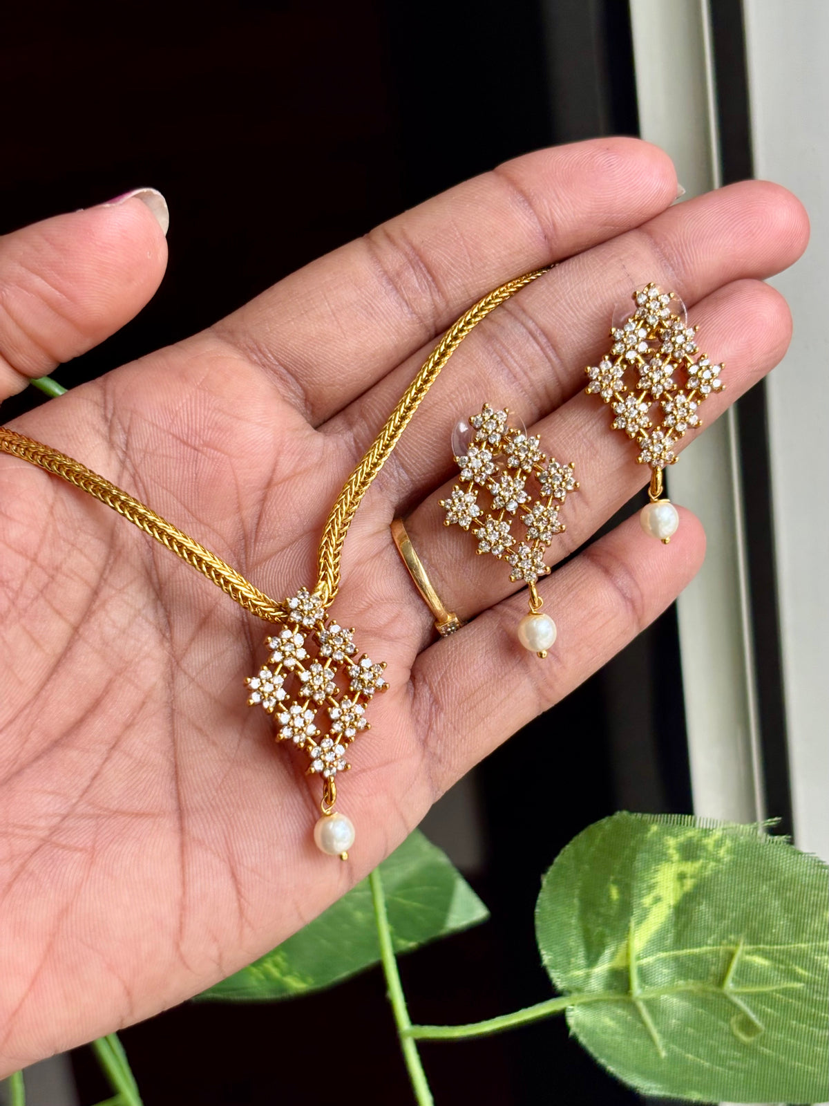 Premium Floral AD Stone Pearl Drop Pendant Necklace Set - AN09