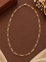 Stylish stainless steel gold chain laid in a loop on a brown display surface