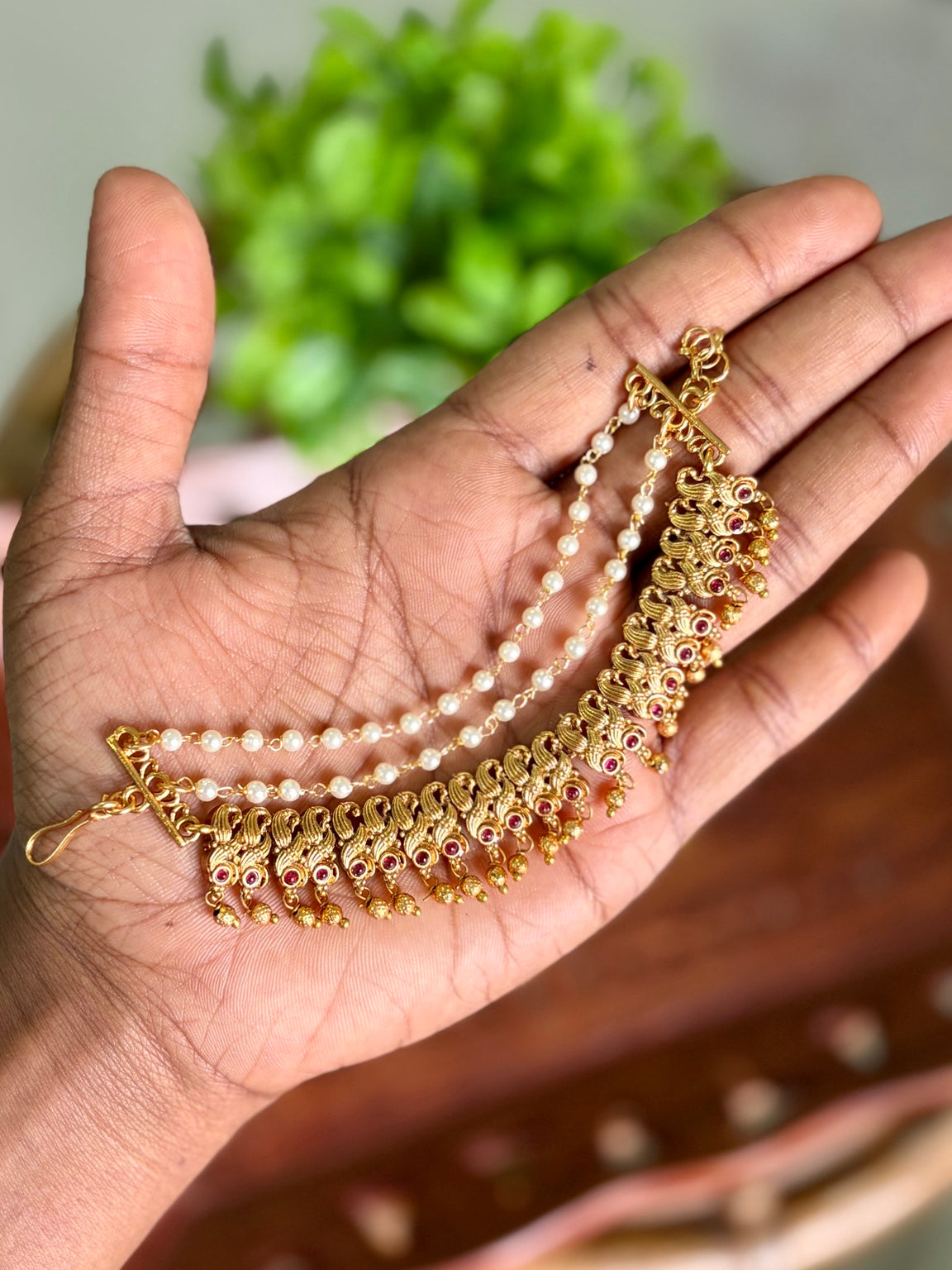 Elegant Peacock Red Stoned Ear Chain